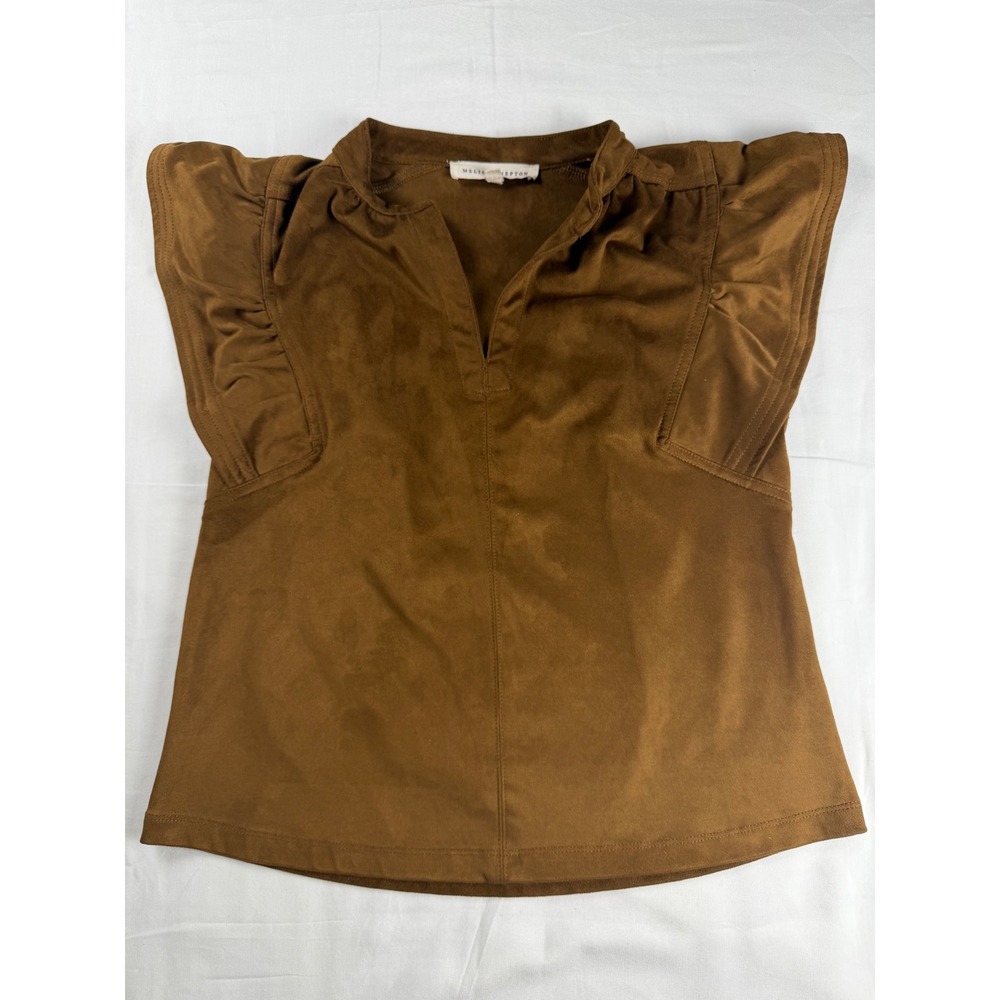 Melissa Nepton Womens Cognac Faux Suede Ruffle Cap Sleeve Split Neck Top XS